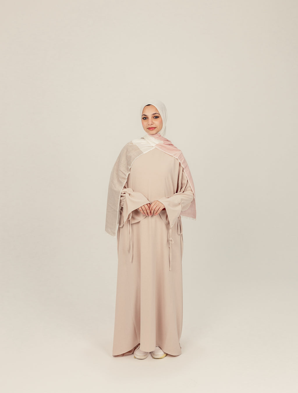 Beige Sleeve Tie Closed Linen Abayah
