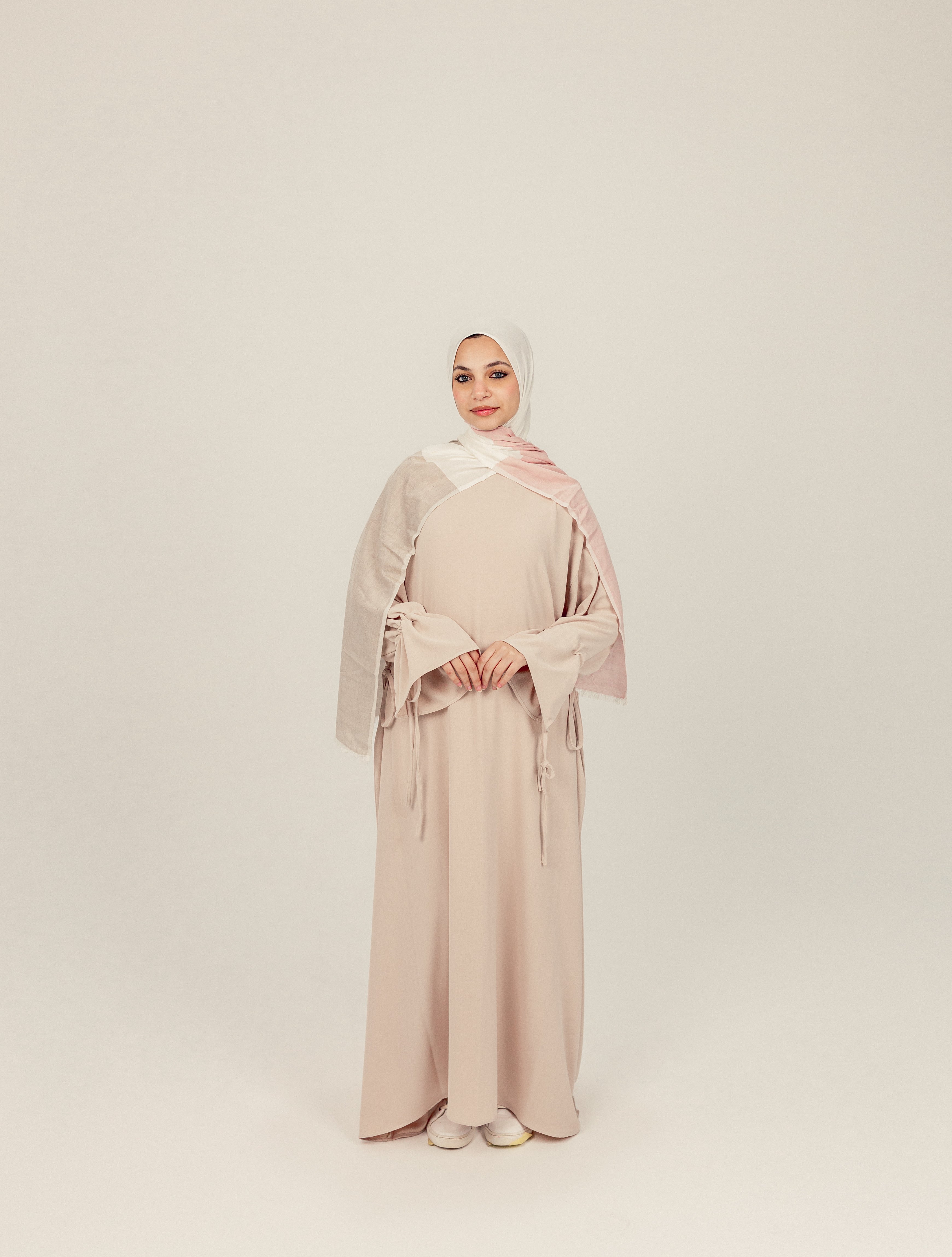 Beige Sleeve Tie Closed Linen Abayah
