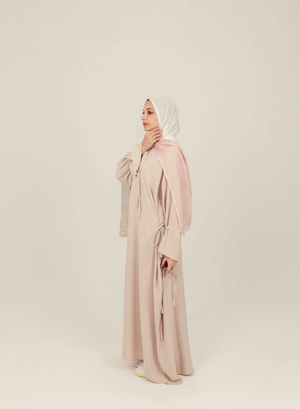 Beige Sleeve Tie Closed Linen Abayah