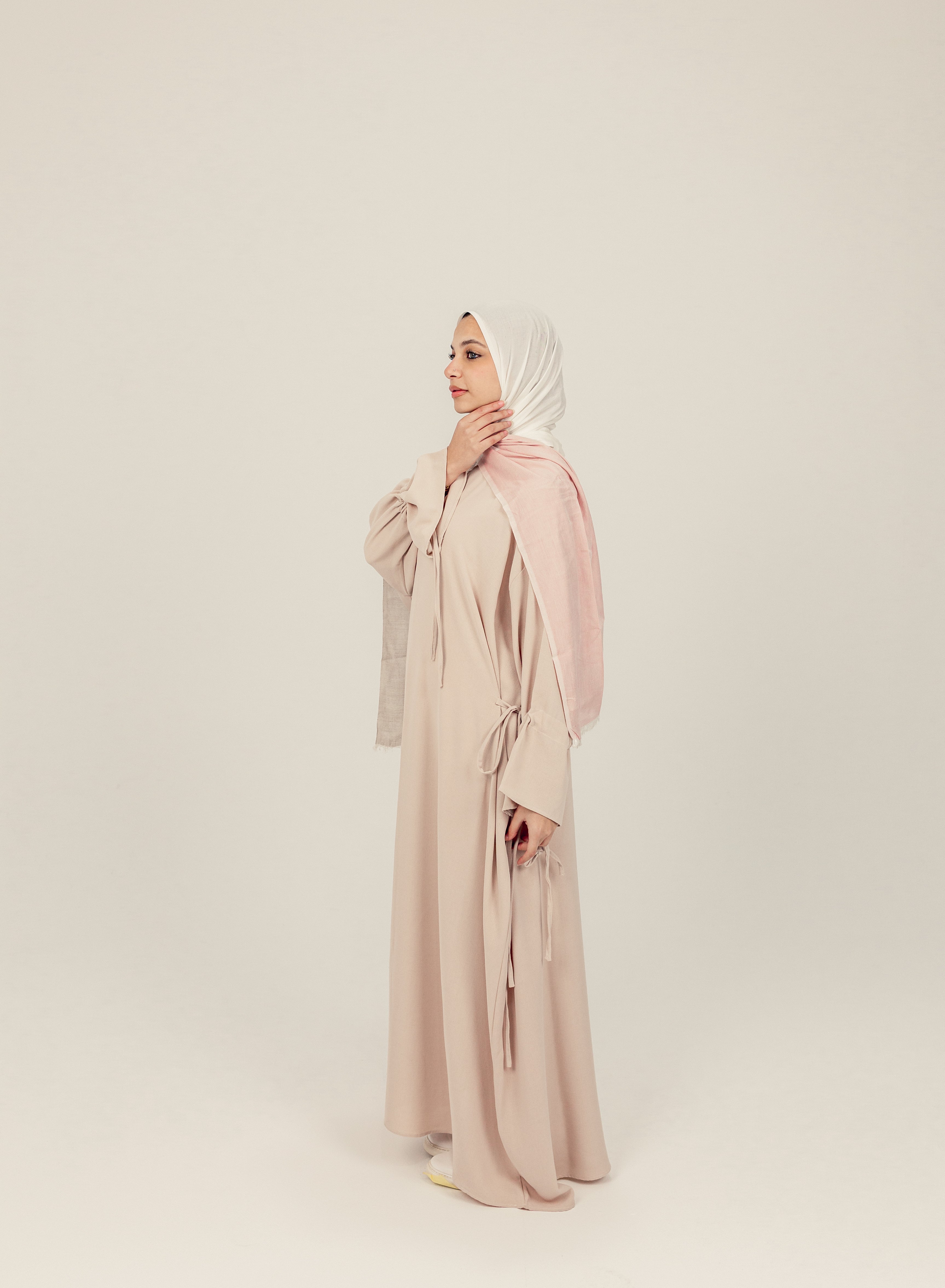 Beige Sleeve Tie Closed Linen Abayah