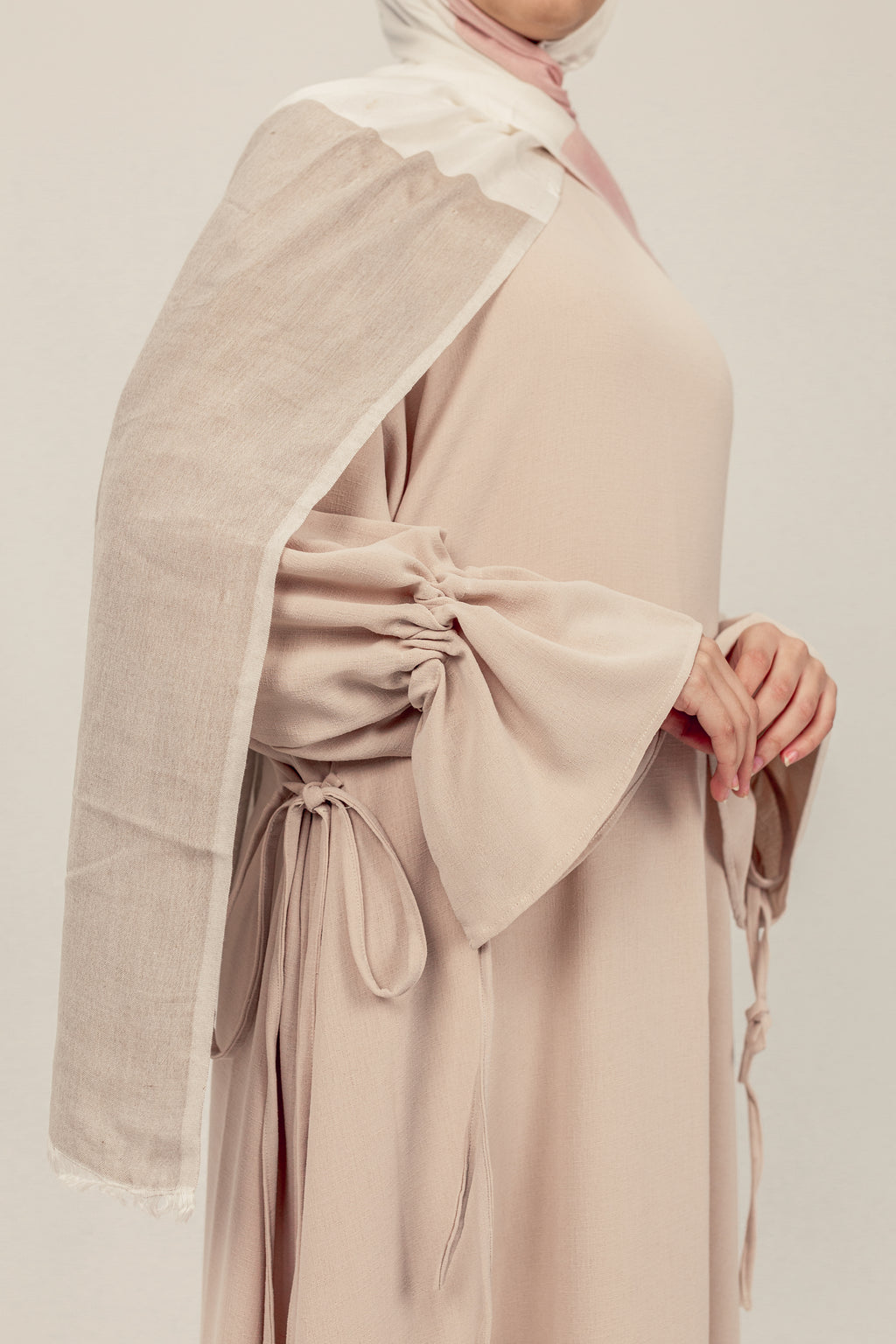 Beige Sleeve Tie Closed Linen Abayah