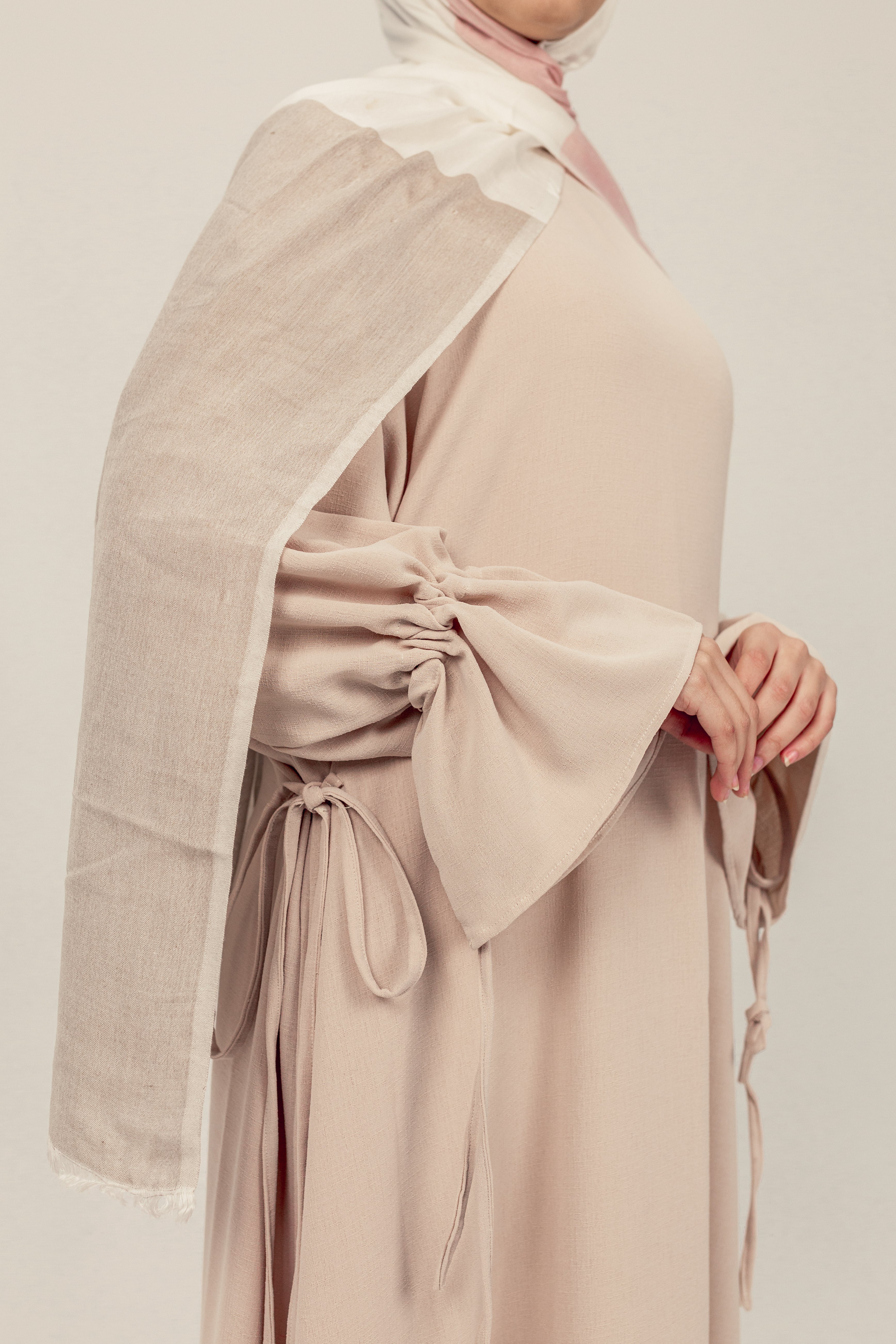 Beige Sleeve Tie Closed Linen Abayah