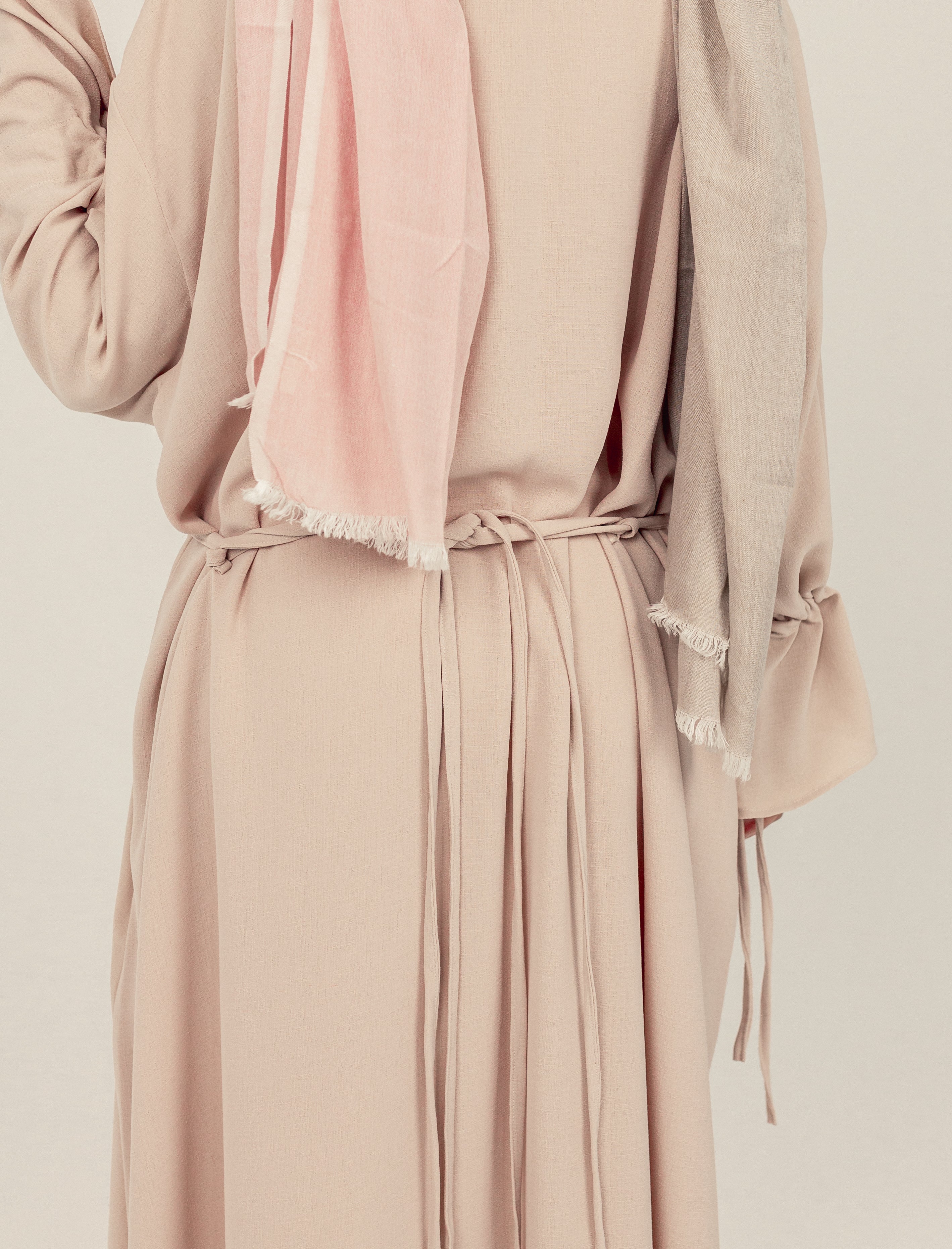 Beige Sleeve Tie Closed Linen Abayah