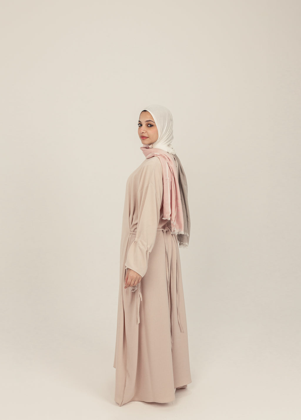 Beige Sleeve Tie Closed Linen Abayah