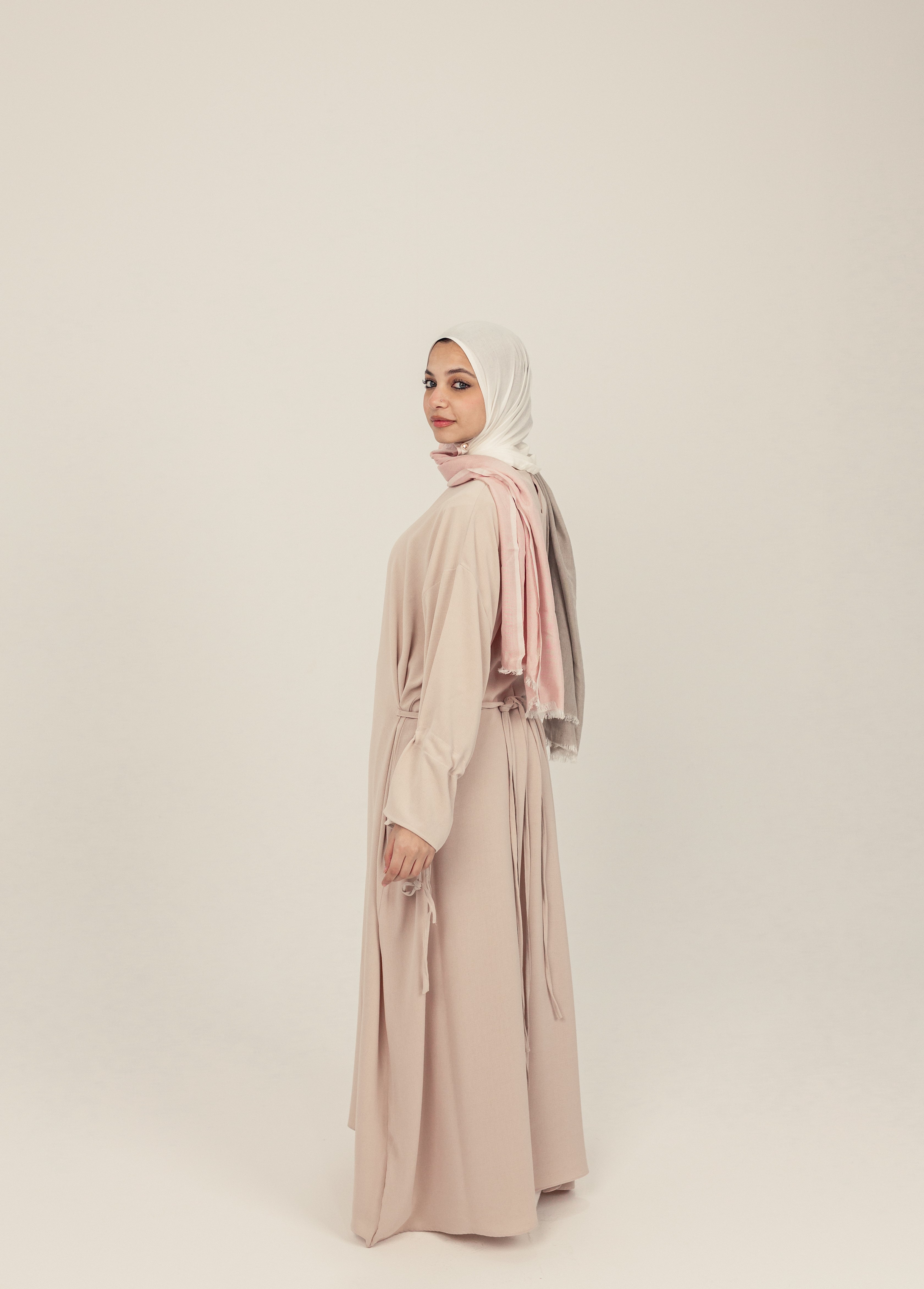 Beige Sleeve Tie Closed Linen Abayah