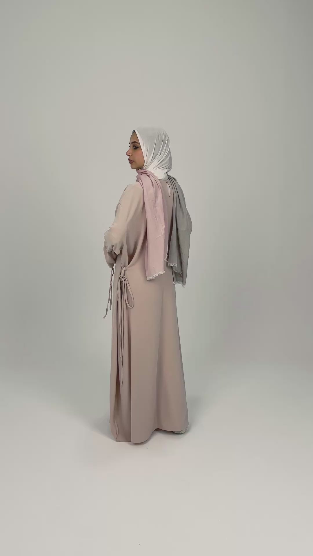 Beige Sleeve Tie Closed Linen Abayah